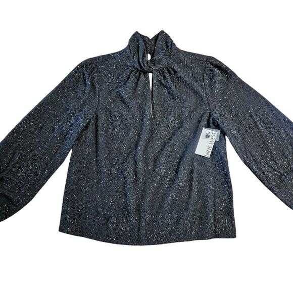 Nine West Blouse Small Black Metallic Long‎ Sleeve Keyhole Mock Neck Top Office - Picture 13 of 15